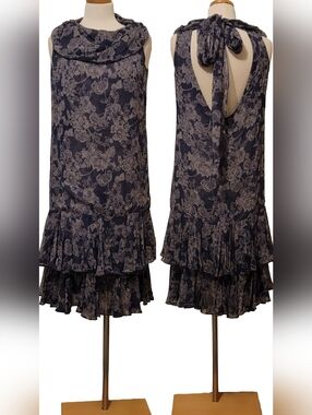 Nancy Johnson 100% Silk Vintage Chiffon Sheer Ruffled Cowl Neck Bow Midi Dress